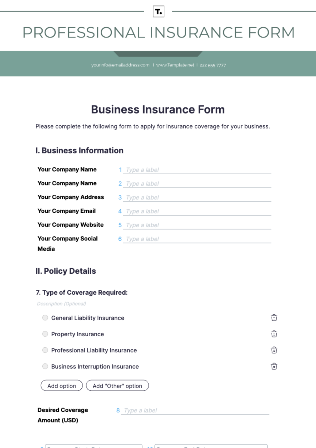 Business Insurance Form Template - Edit Online & Download