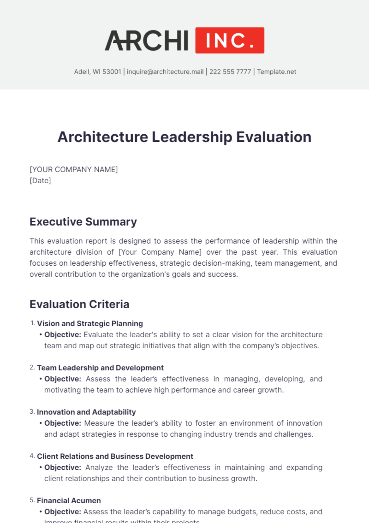 Architecture Leadership Evaluation Template - Edit Online & Download