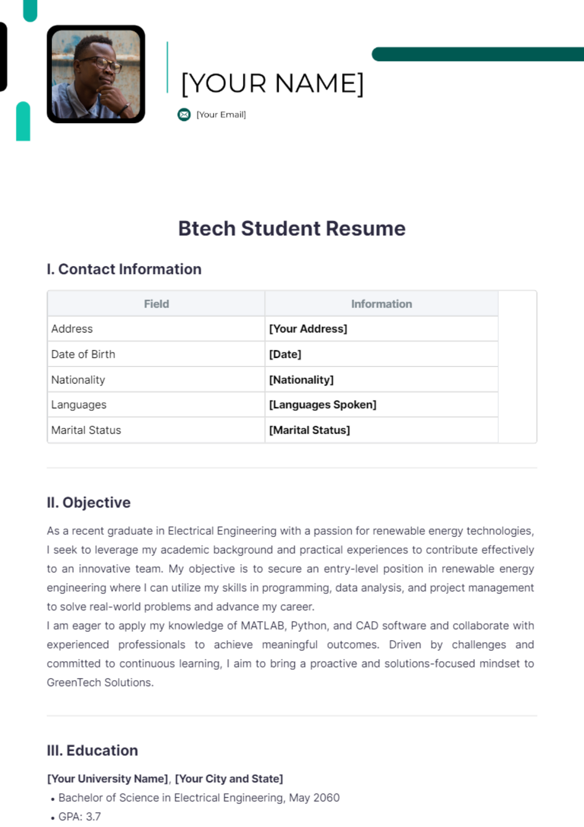 resume templates for btech students