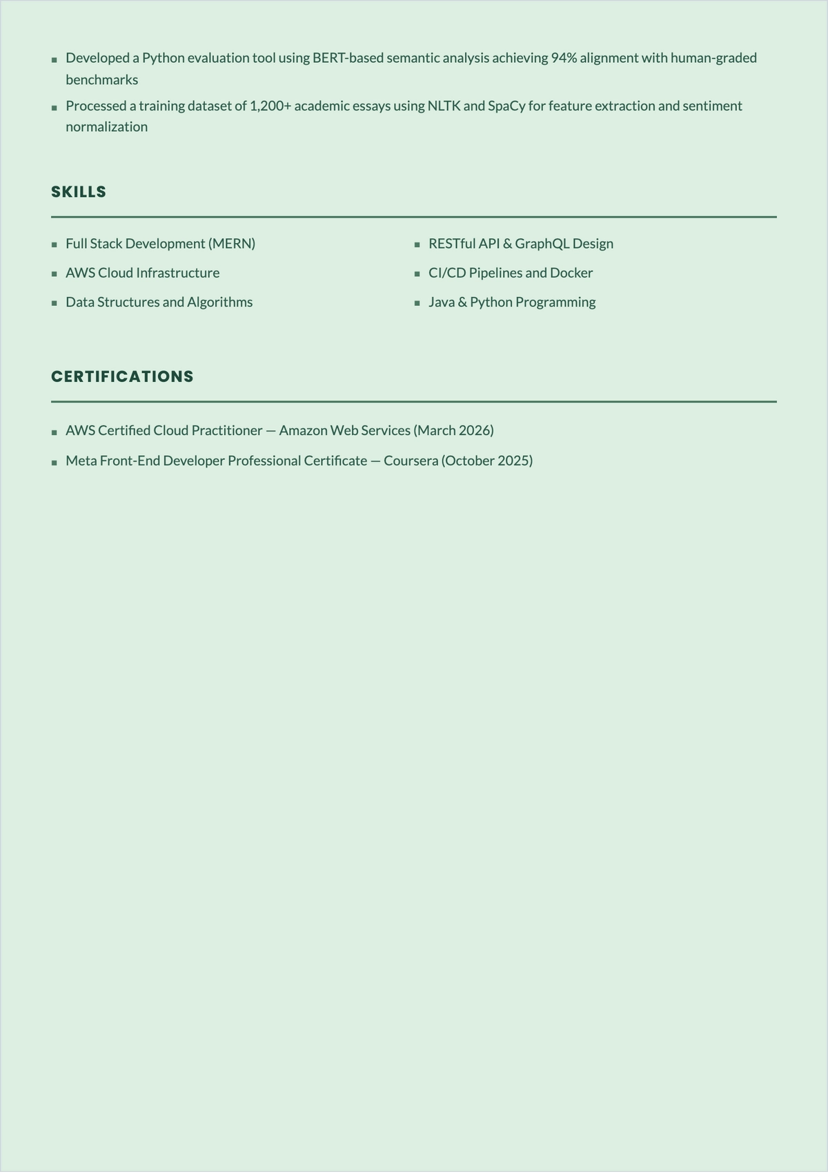Free Btech Student ATS Resume Template, AI Resume Builder