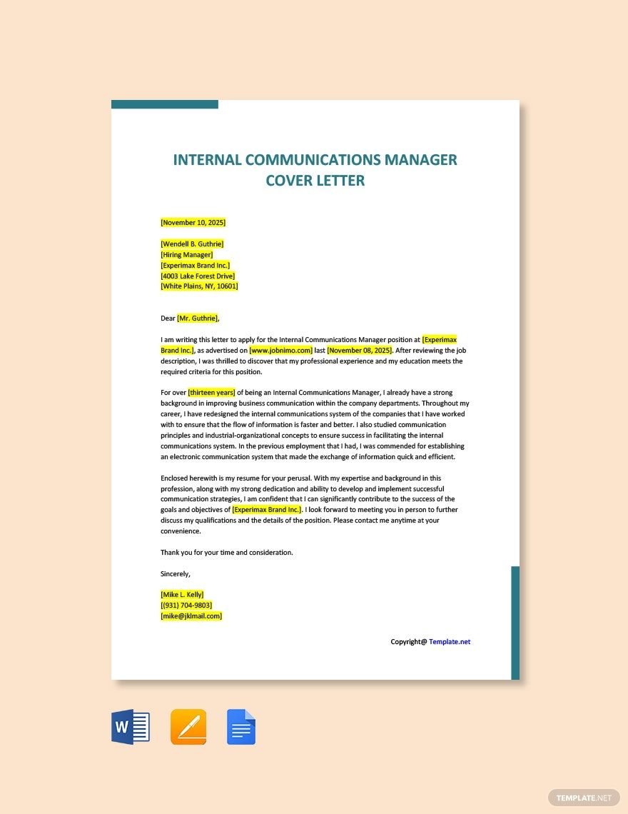 Internal Communications Manager Cover Letter
