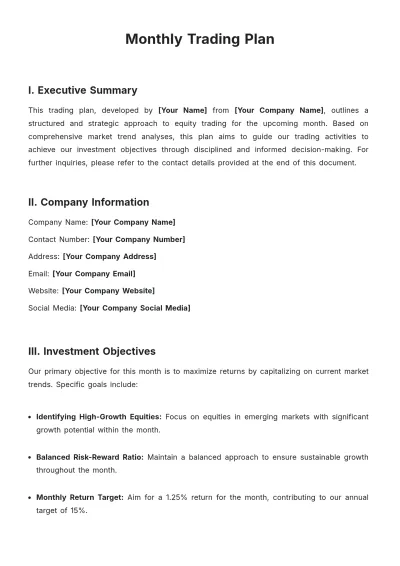 Free Monthly Trading Plan Template to Edit Online