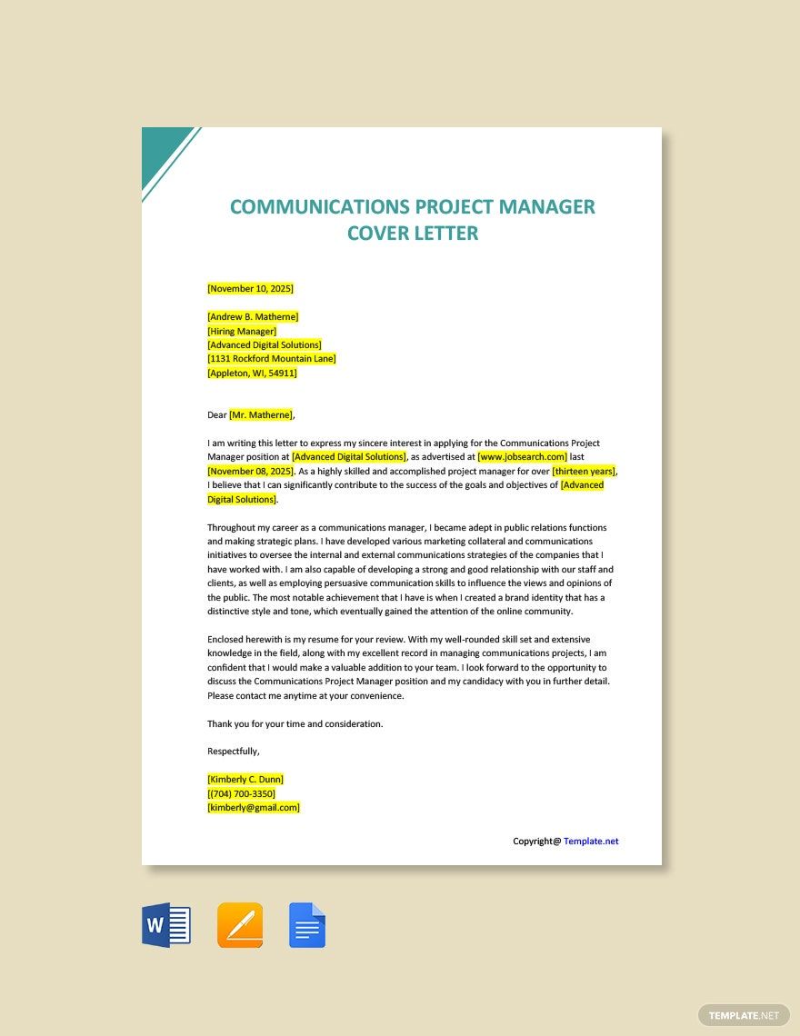 Communications Project Manager Cover Letter in Word, Pages, PDF, Google Docs - Download | Template.net