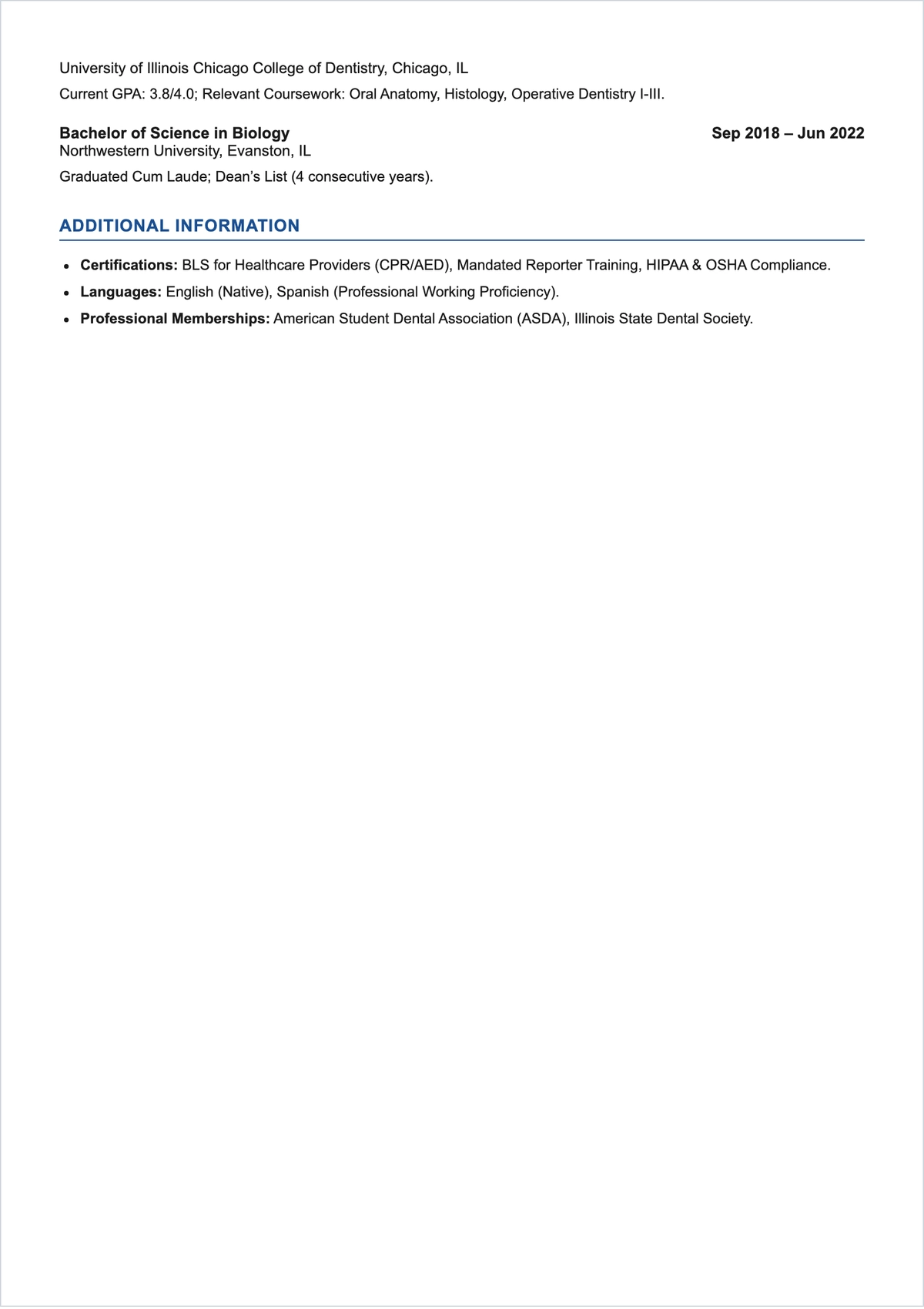 Free Dental Student ATS Resume Template, AI Resume Builder