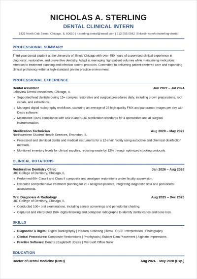 Free Dental Student ATS Resume Template, AI Resume Builder