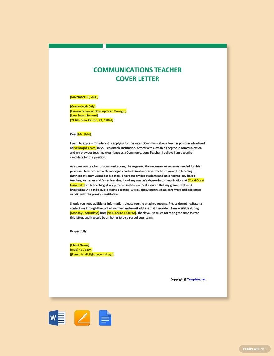 Communications Teacher Cover Letter
