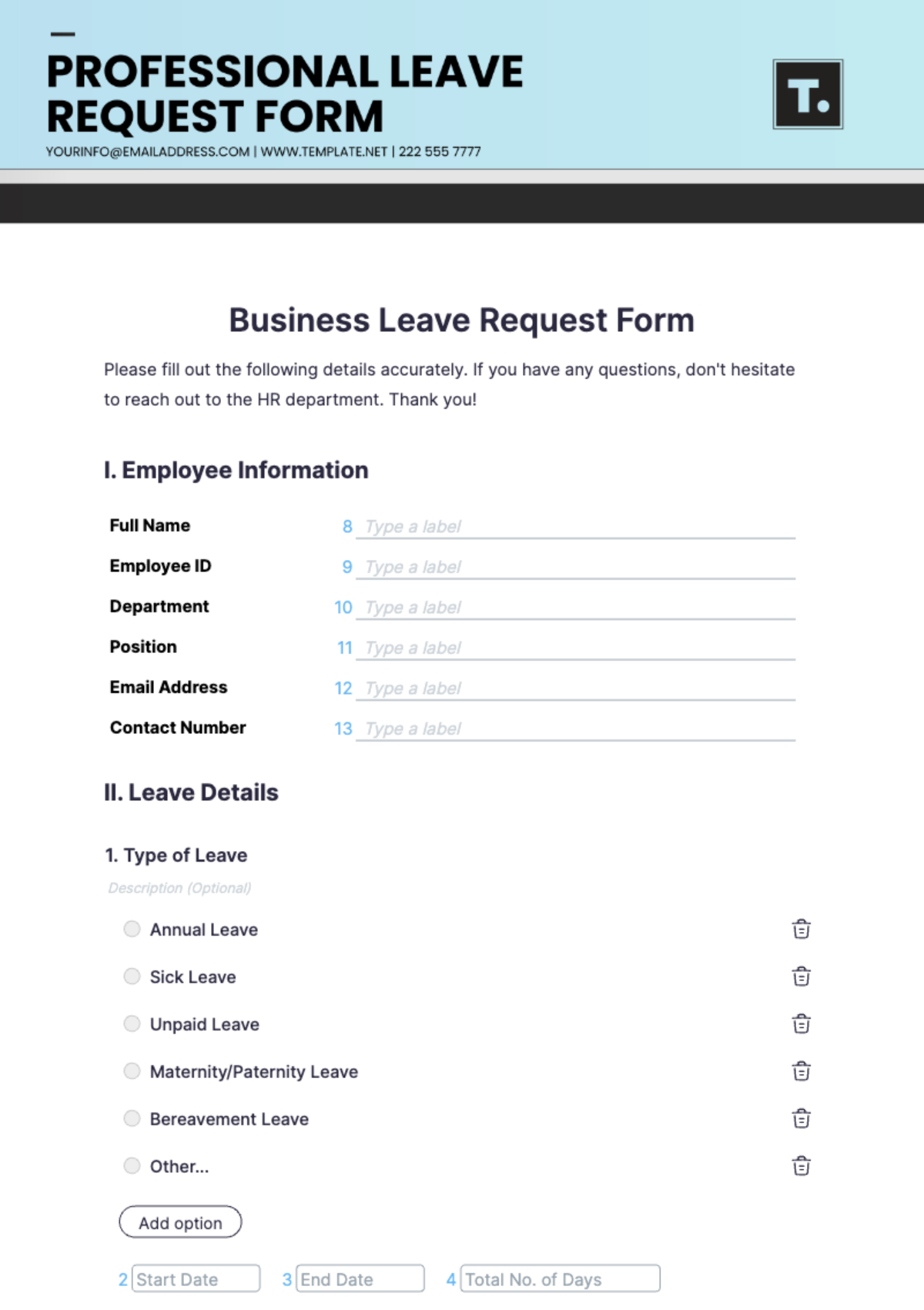 Business Leave Request Form Template - Edit Online & Download