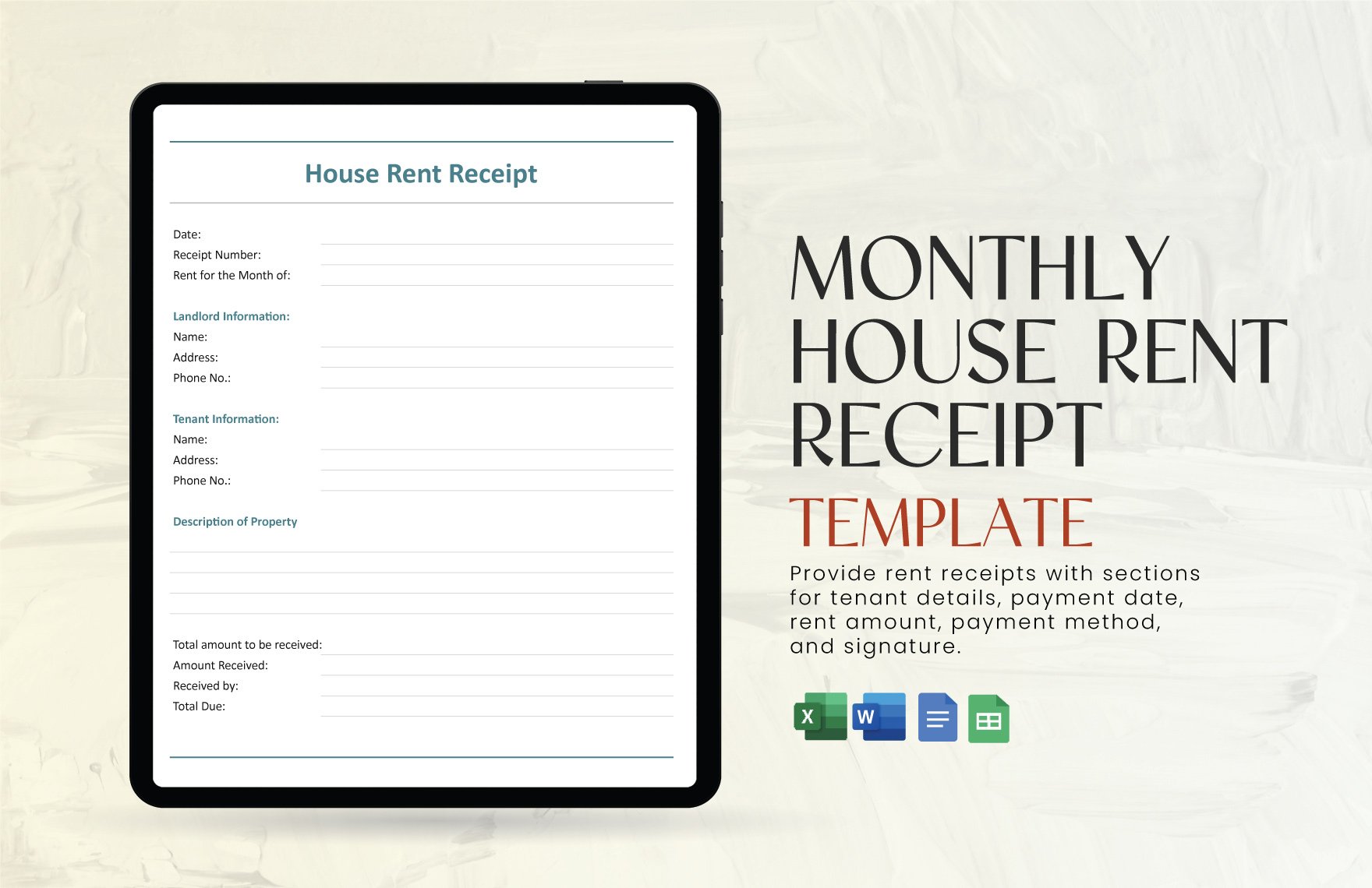 Monthly House Rent Receipt Template in Word, Google Docs, Excel, Google Sheets