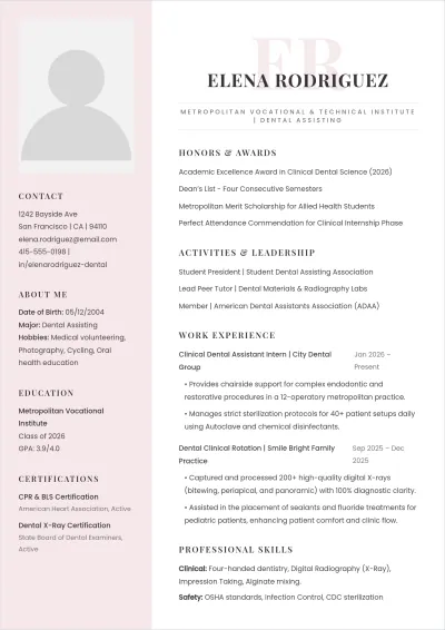 Free Dental Assistant Student ATS Resume Template, AI Resume Builder