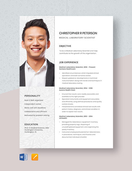 Medical Laboratory Scientist Resume Template - Word, Apple Pages