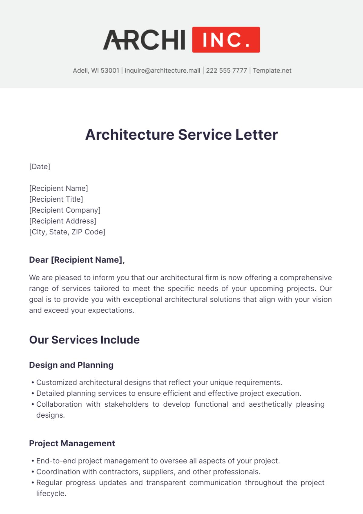 Architecture Service Letter Template - Edit Online & Download