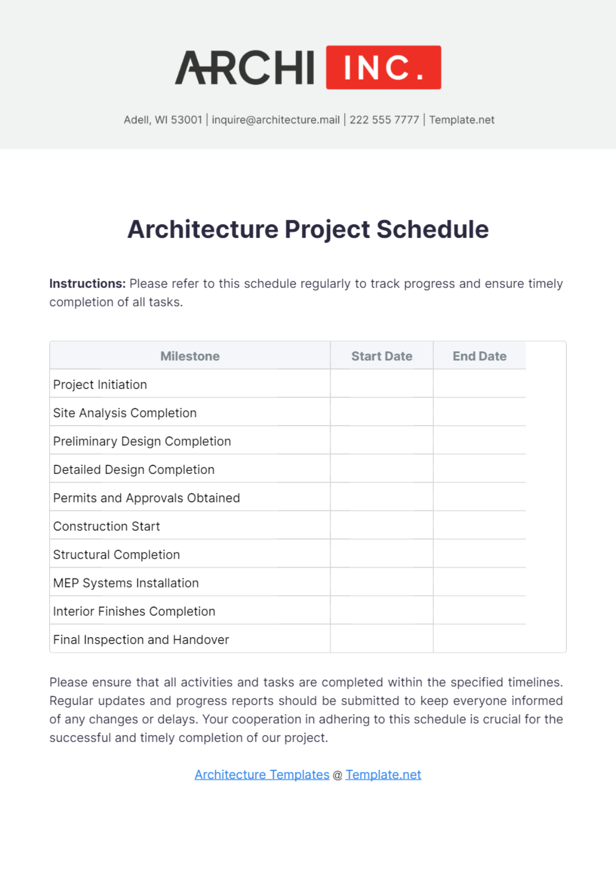 Architecture Project Schedule Template - Edit Online & Download