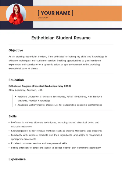 Free Esthetician Student ATS Resume Template, AI Resume Builder