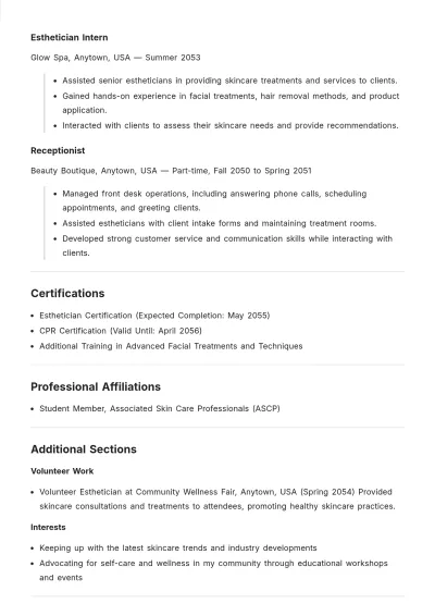 Free Esthetician Student ATS Resume Template, AI Resume Builder