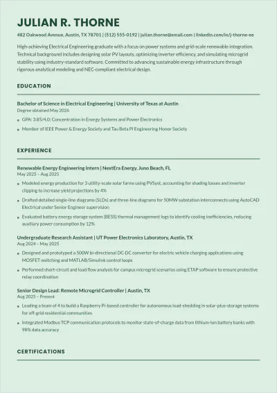 Free Electrical Engineering Student ATS Resume Template