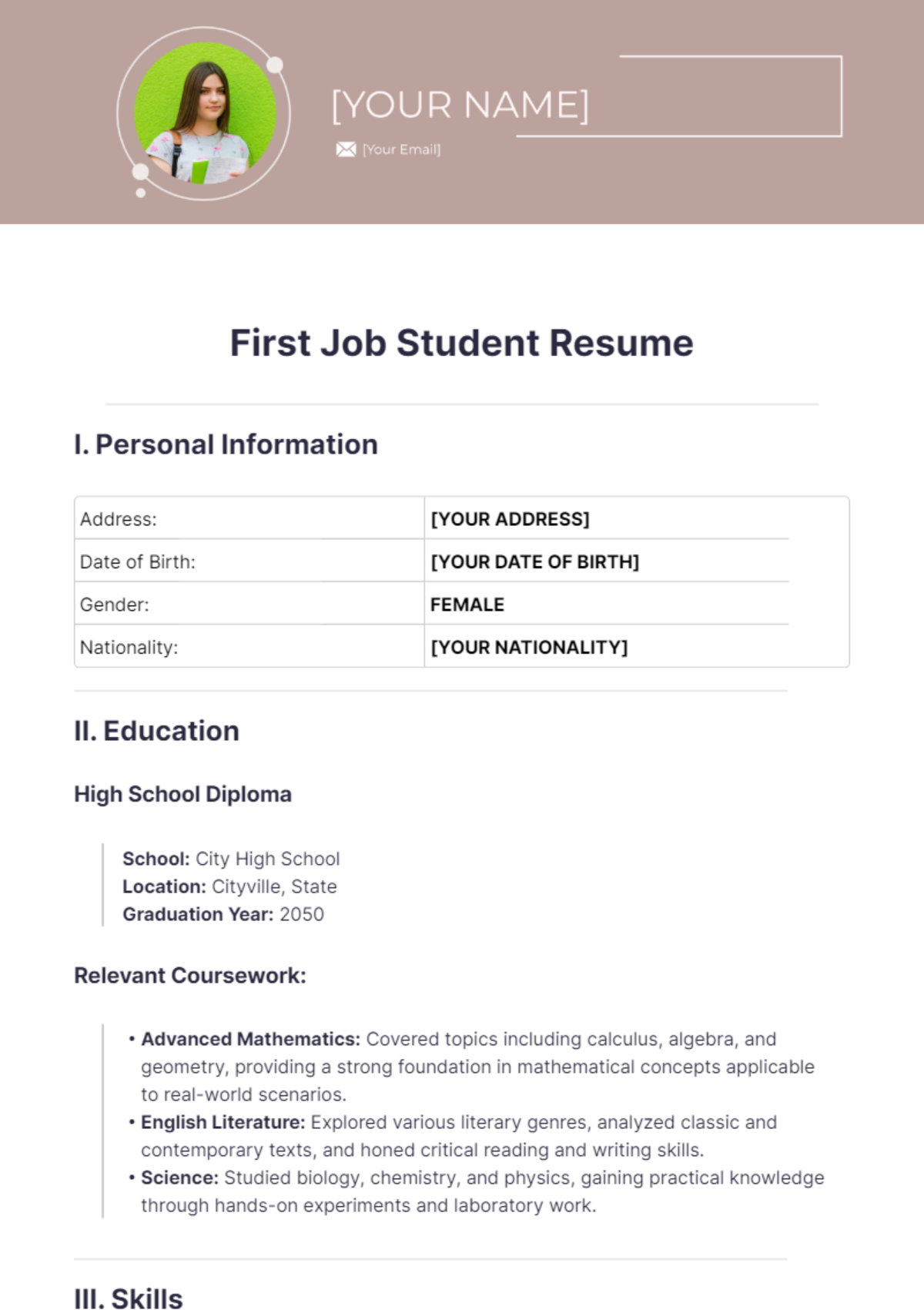 First Job Student Resume