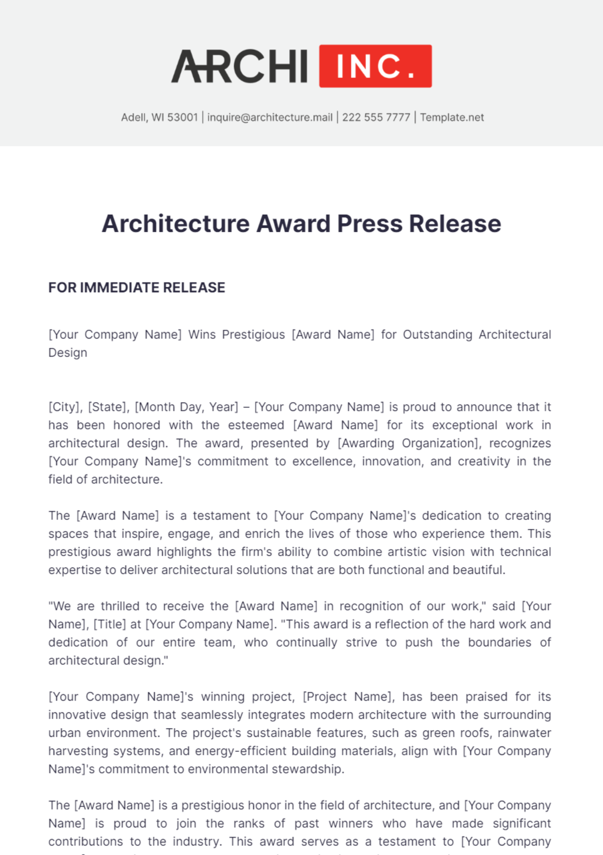 Architecture Award Press Release Template - Edit Online & Download