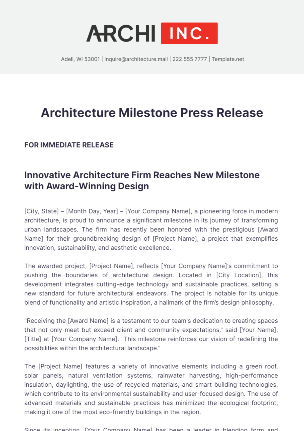 Architecture Milestone Press Release Template - Edit Online & Download