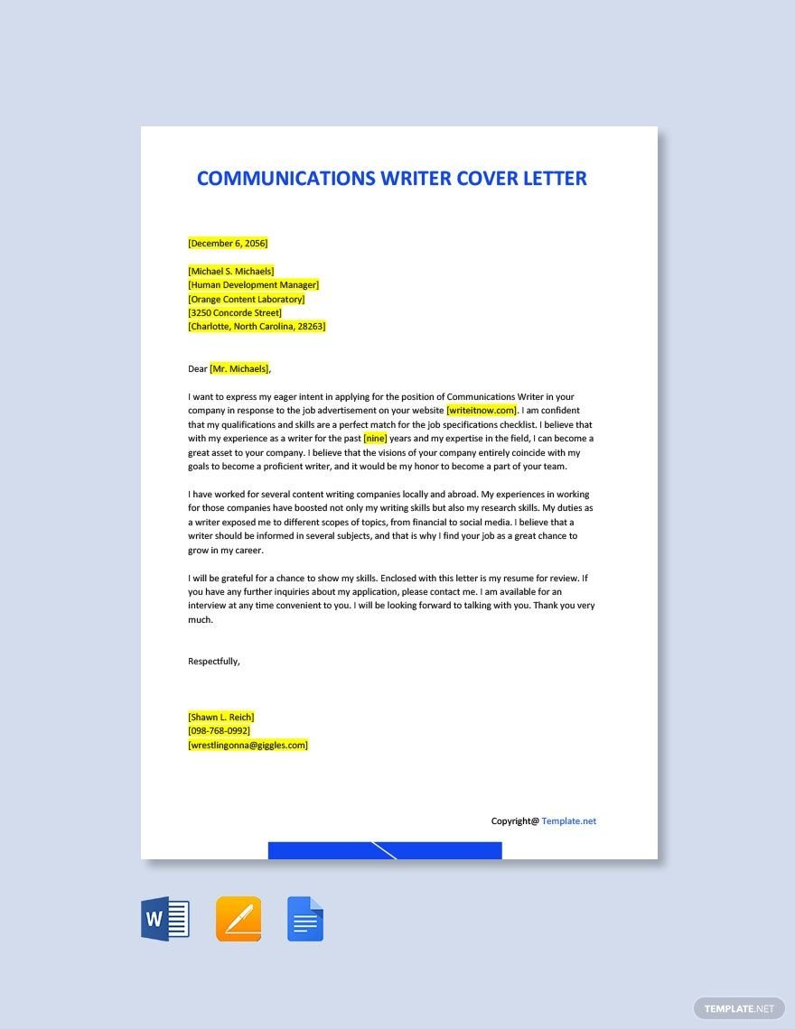 Communications Writer Cover Letter