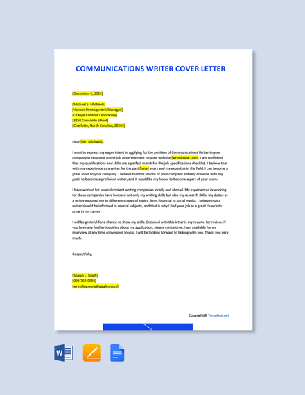 FREE Communications Writer Cover Letter - Word | Google Docs | Apple ...