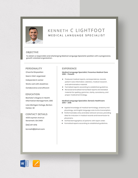 Free Medical Language Specialist Resume Template - Word, Apple Pages