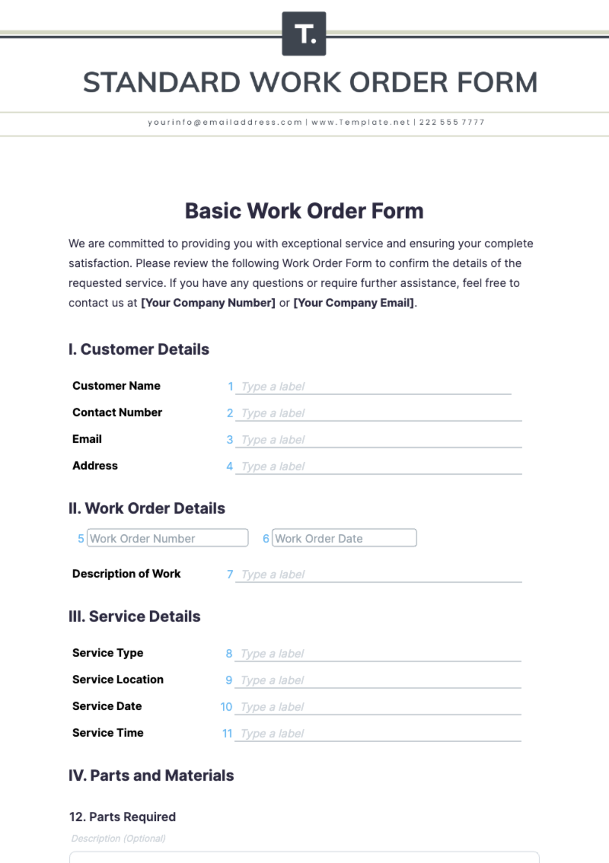 Basic Work Order Form Template - Edit Online & Download