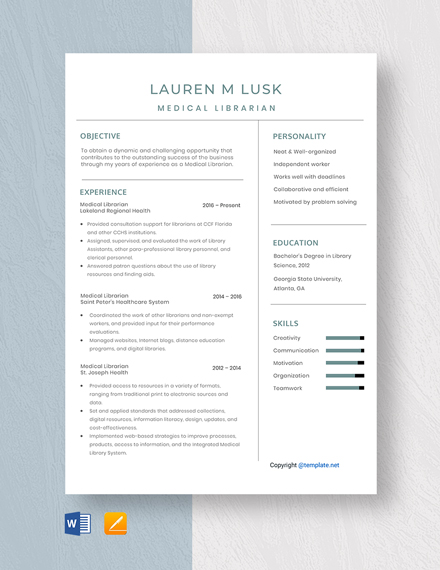 Medical Librarian Resume Template - Word, Apple Pages