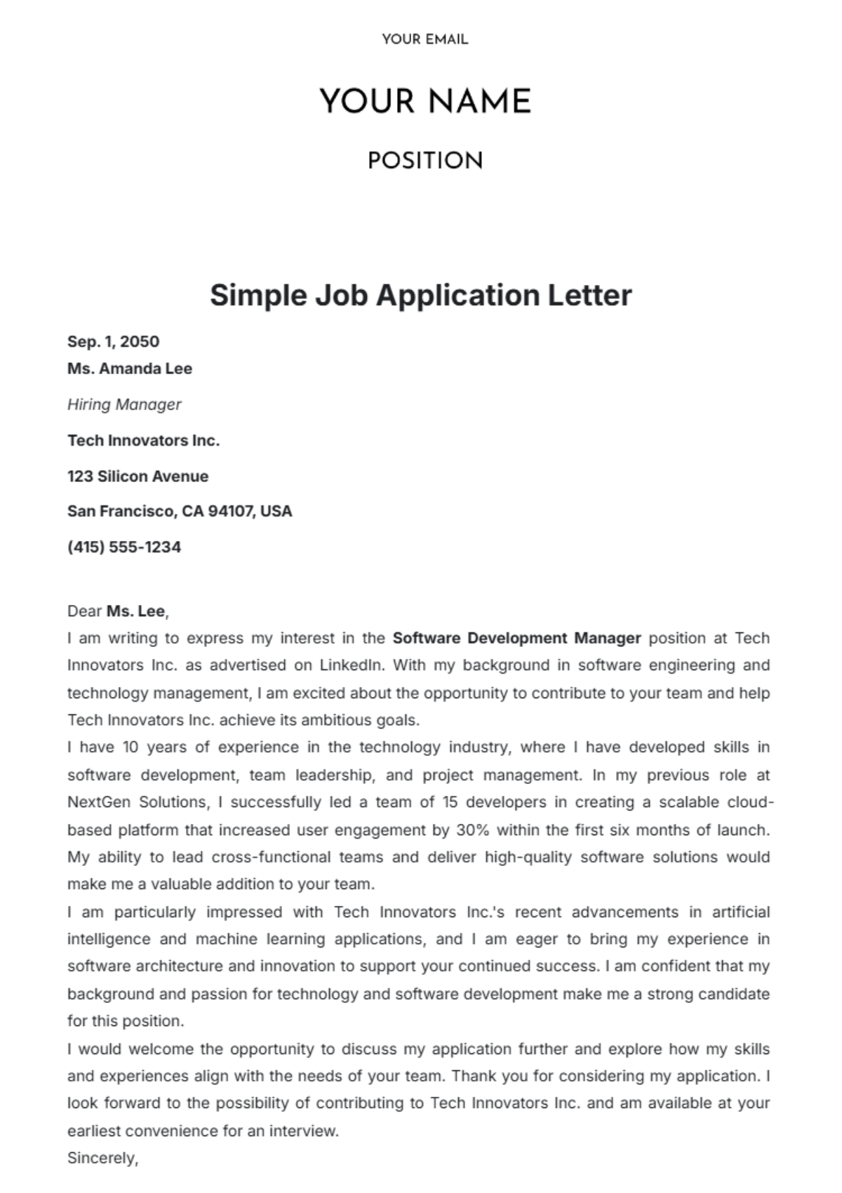 Simple Job Application Letter Template - Edit Online & Download