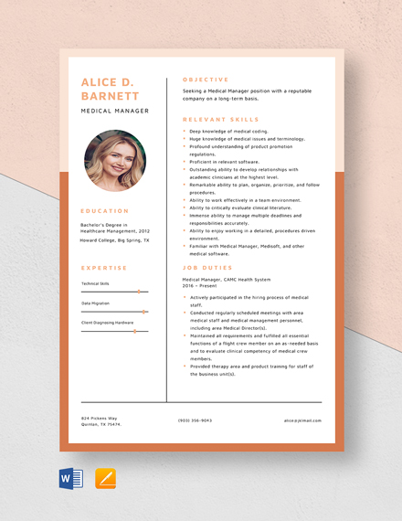 Medical Manager Resume Template - Word, Apple Pages