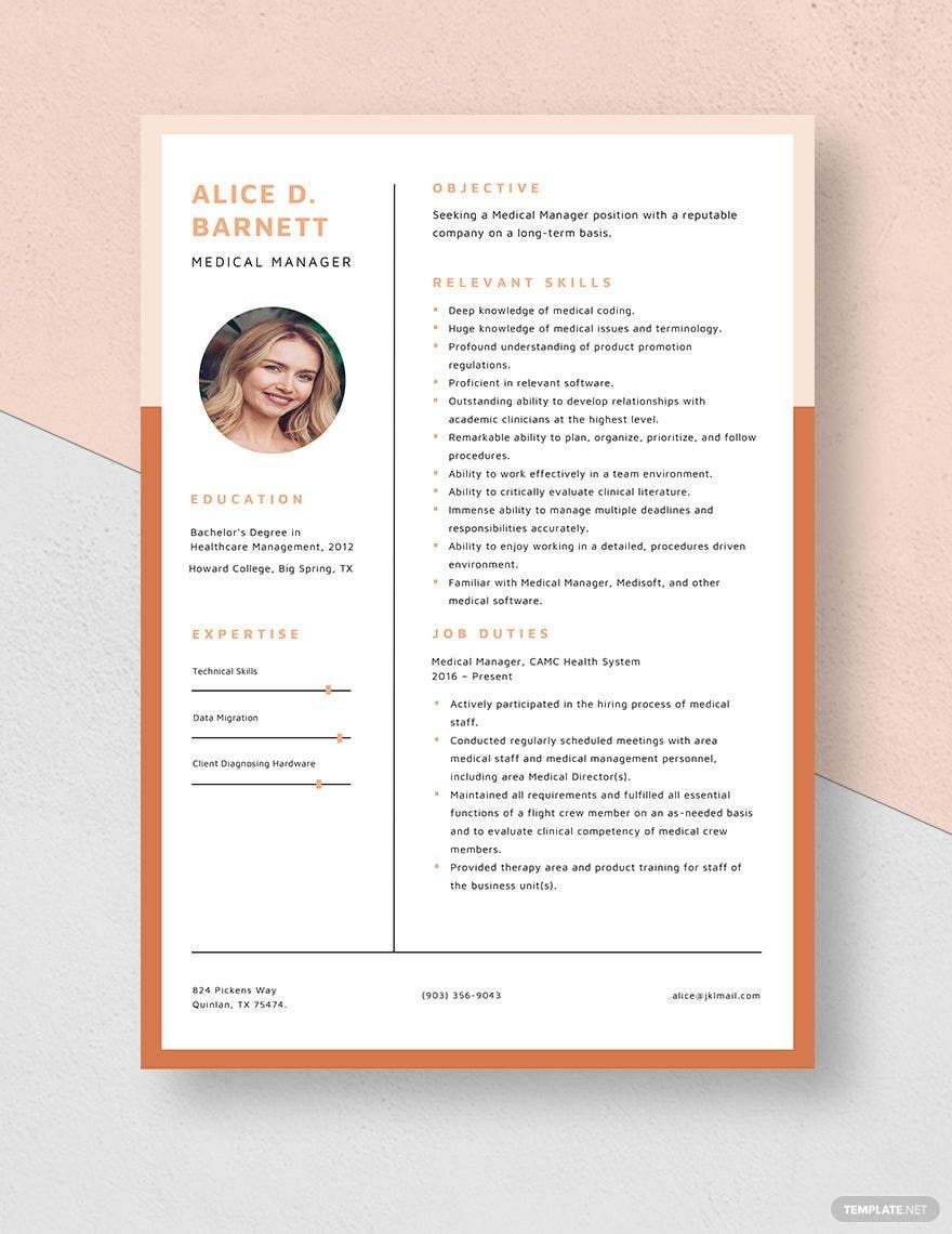 Free Medical Manager Resume in Word, Apple Pages
