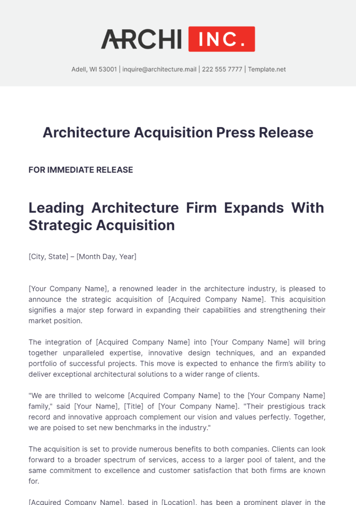 Architecture Acquisition Press Release Template - Edit Online & Download