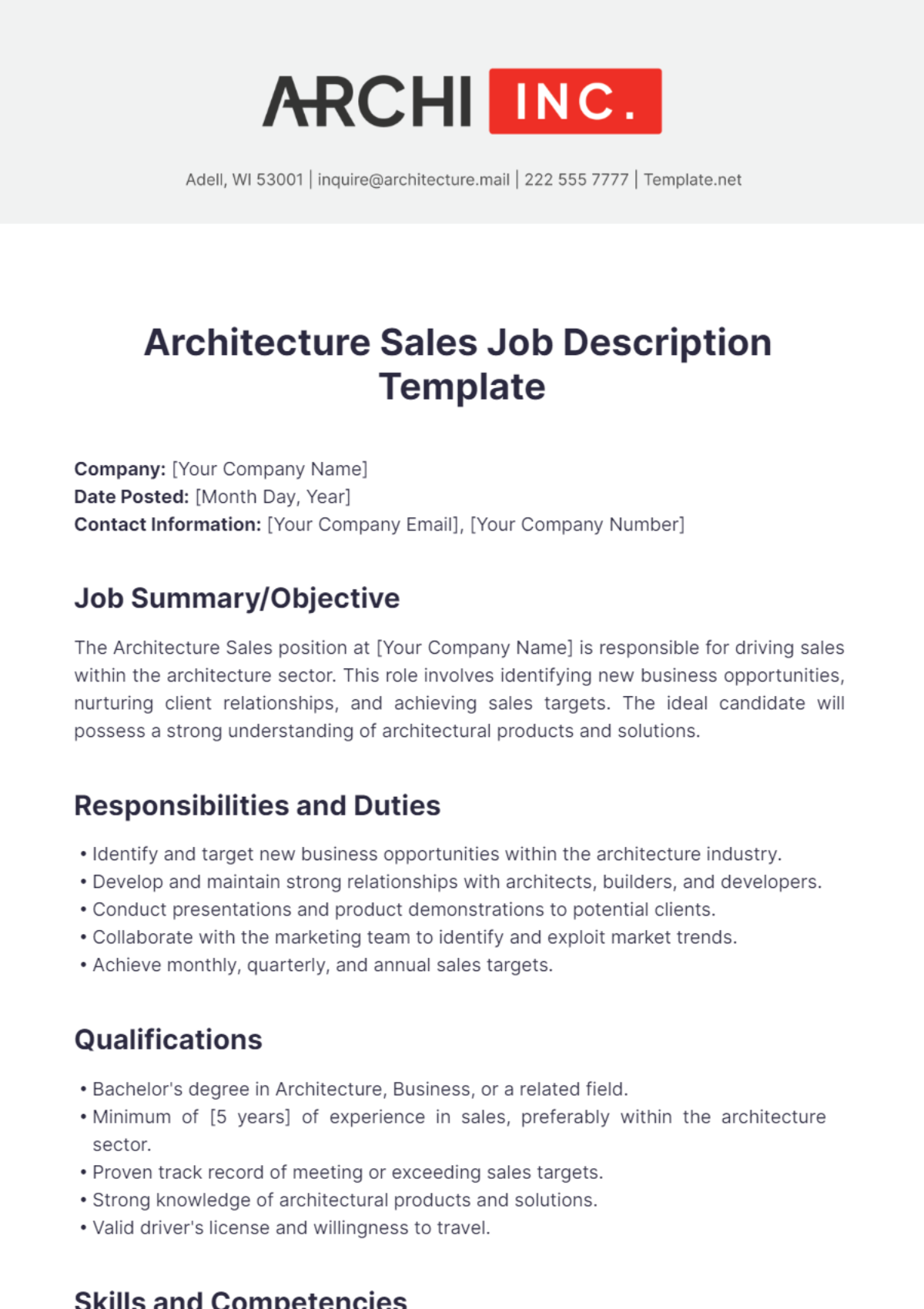 Architecture Sales Job Description Template - Edit Online & Download