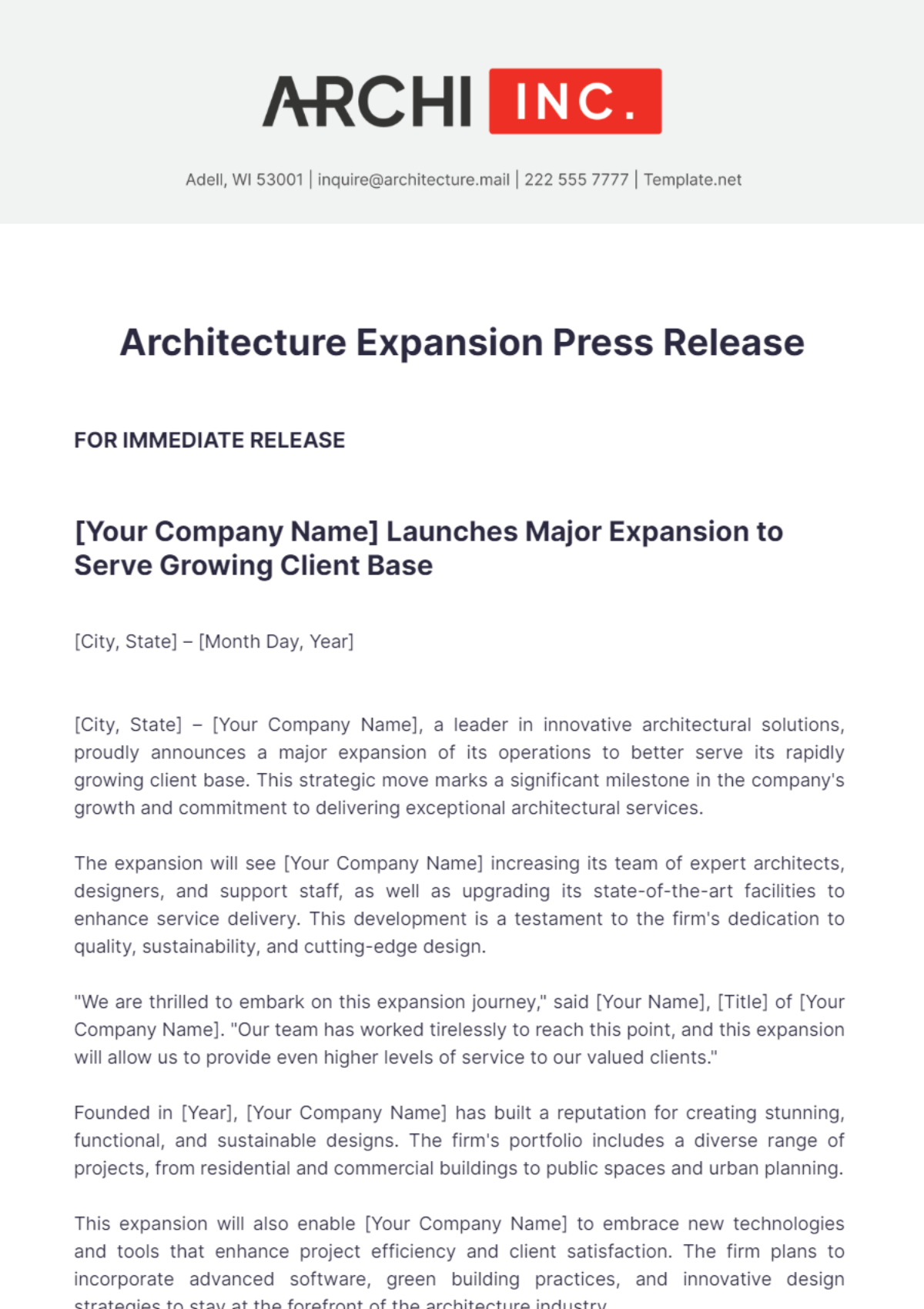 Architecture Expansion Press Release Template - Edit Online & Download