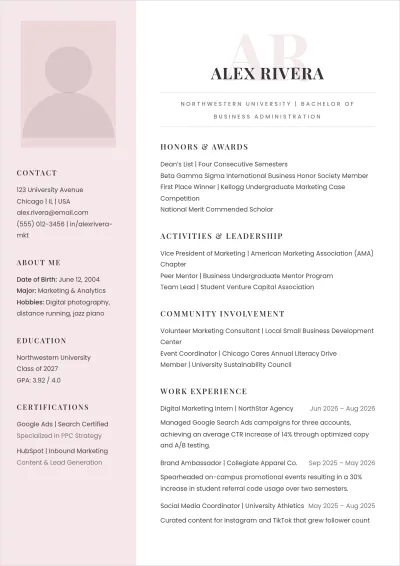 Free Degree Student ATS Resume Template, AI Resume Builder