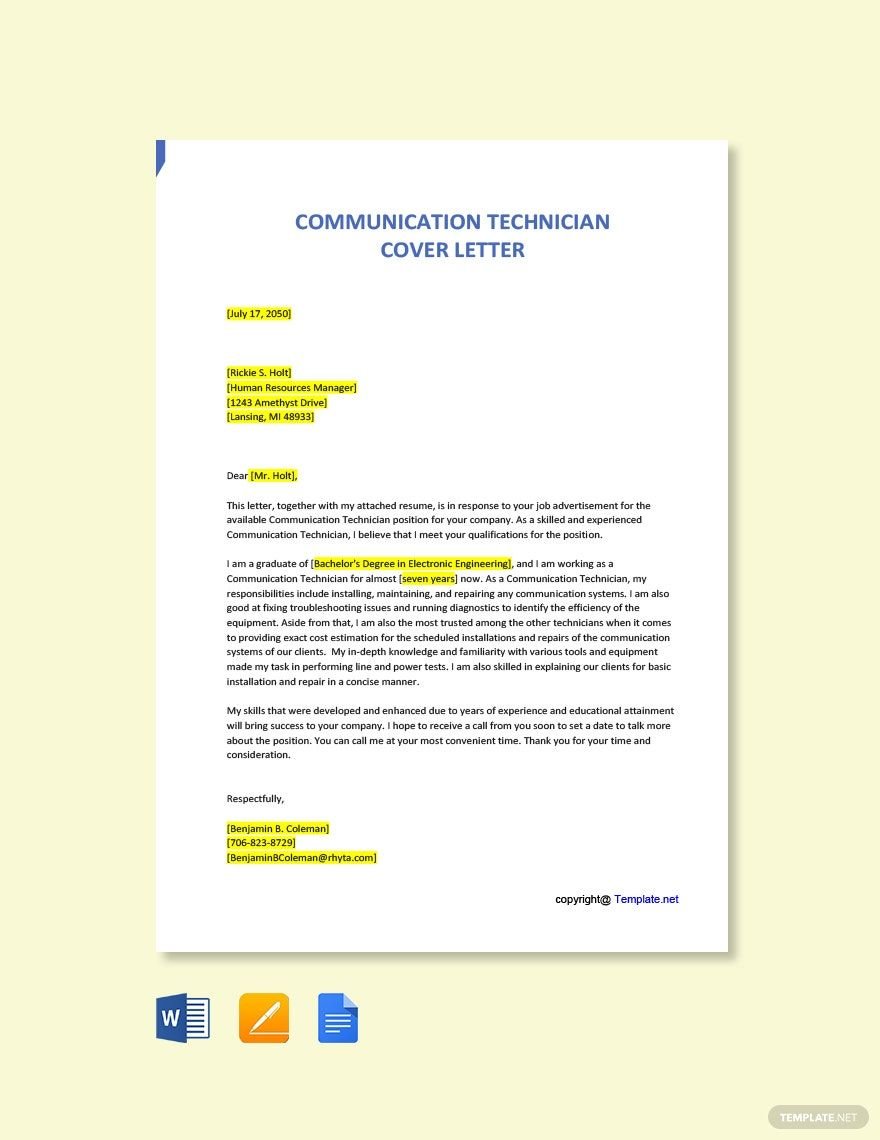 Communication Technician Cover Letter