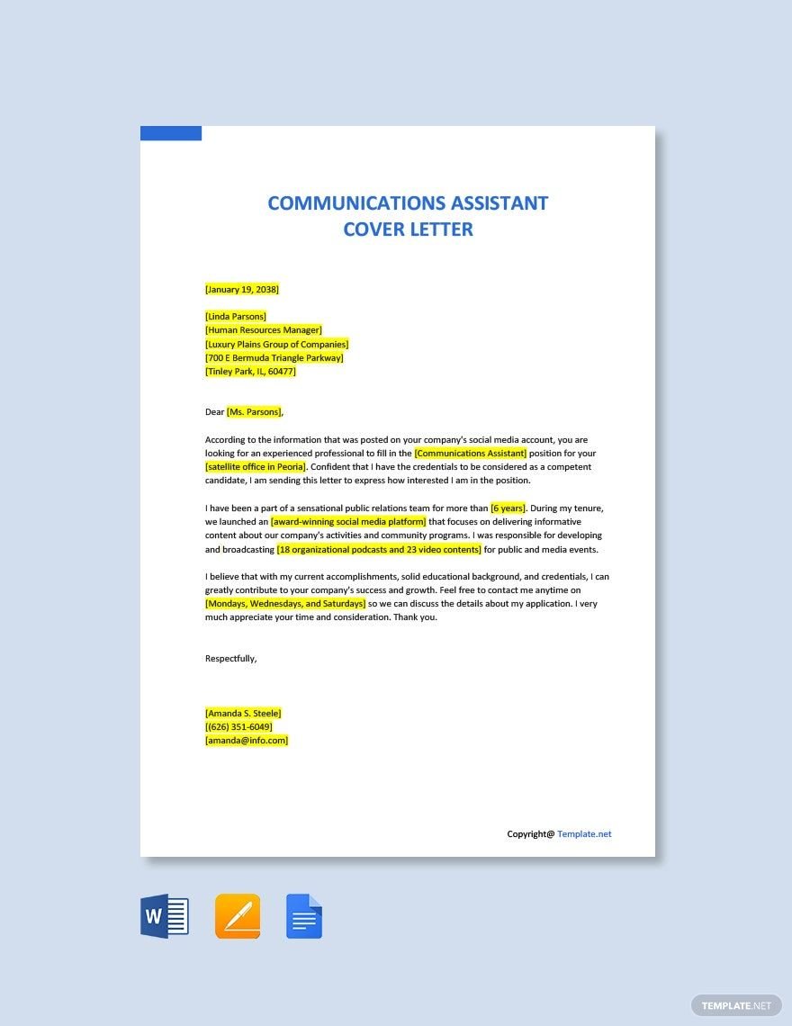 Communications Assistant Cover Letter