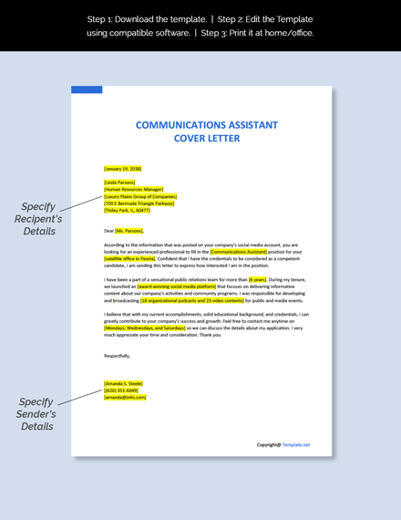 Free Communications Assistant Cover Letter Template - Google Docs, Word ...