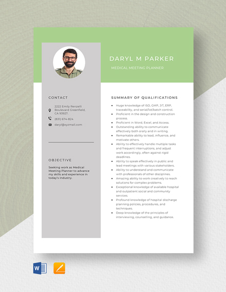 Medical Meeting Planner Resume Template - Word, Apple Pages