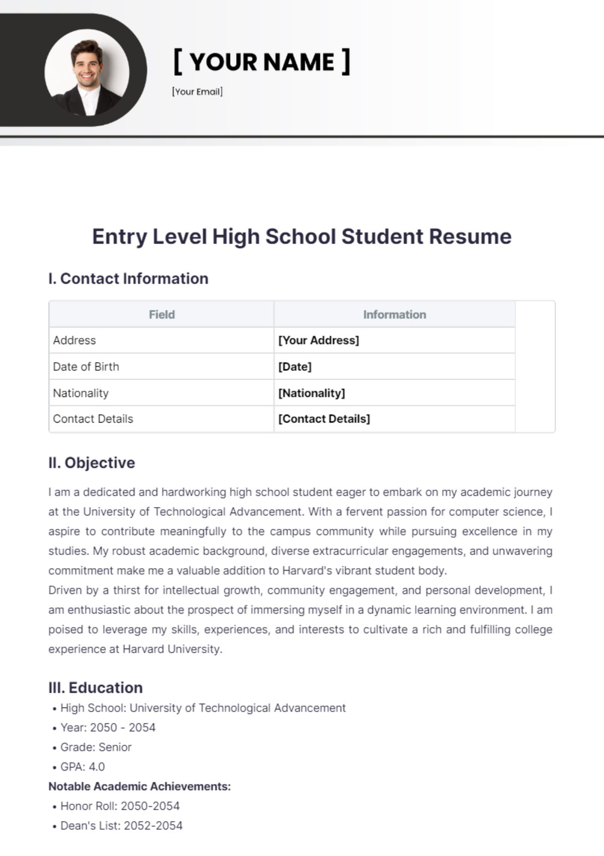 Entry Level High School Student Resume