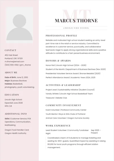Free Entry Level High School Student ATS Resume Template
