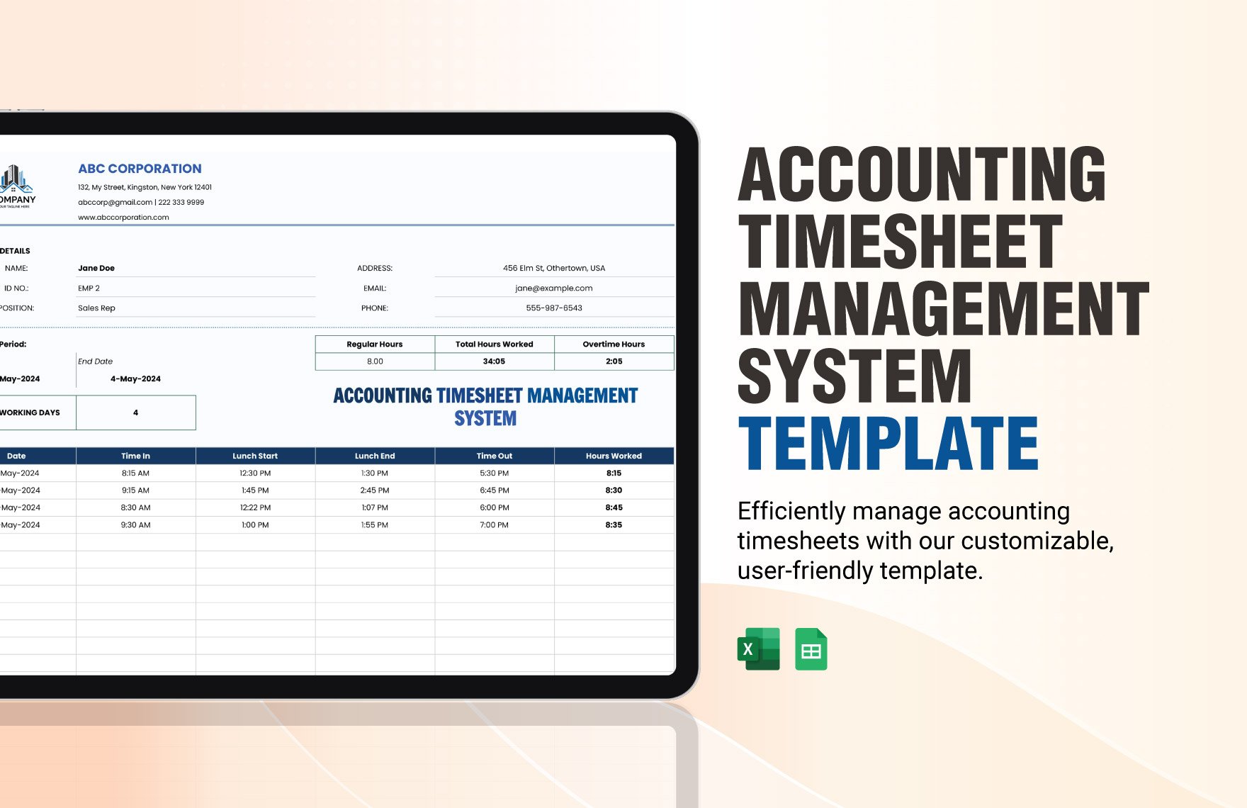 Accounting Timesheet Management System Template in Excel, Google Sheets