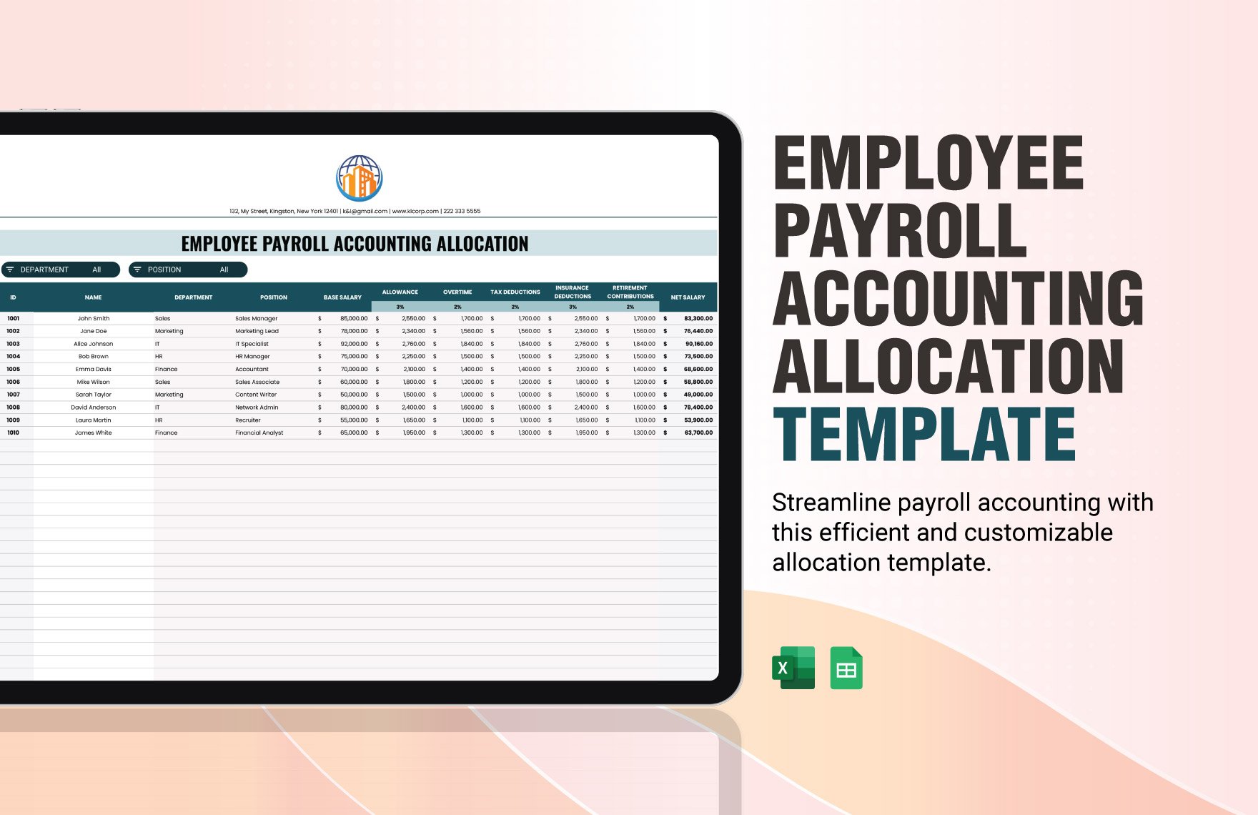 Employee Payroll Accounting Allocation Template in Excel, Google Sheets