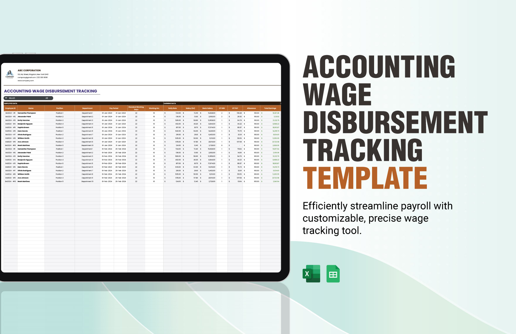 Accounting Wage Disbursement Tracking Template in Excel, Google Sheets