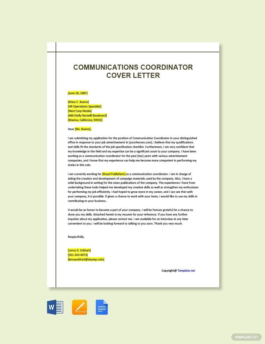 Communications Coordinator Cover Letter Template