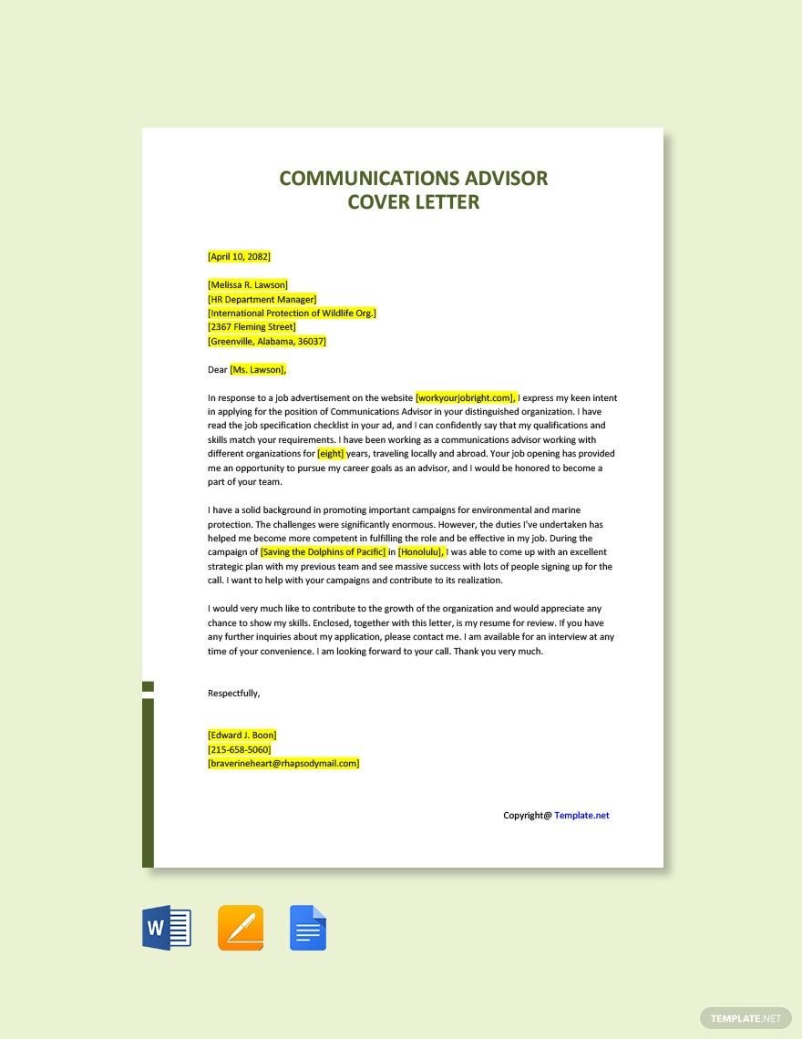 Communications Advisor Cover Letter