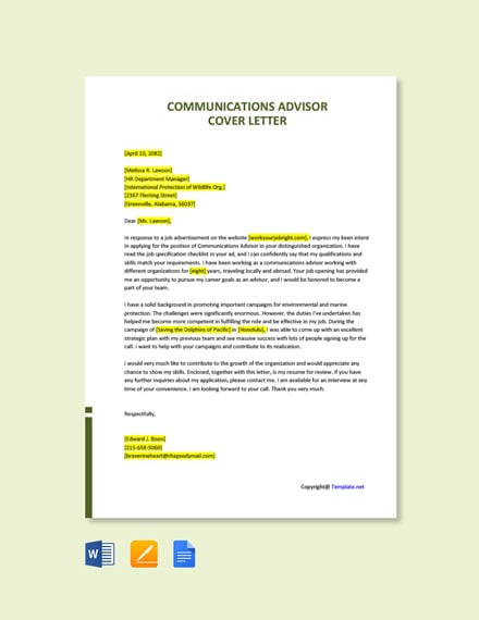 cover letter examples for communication advisor