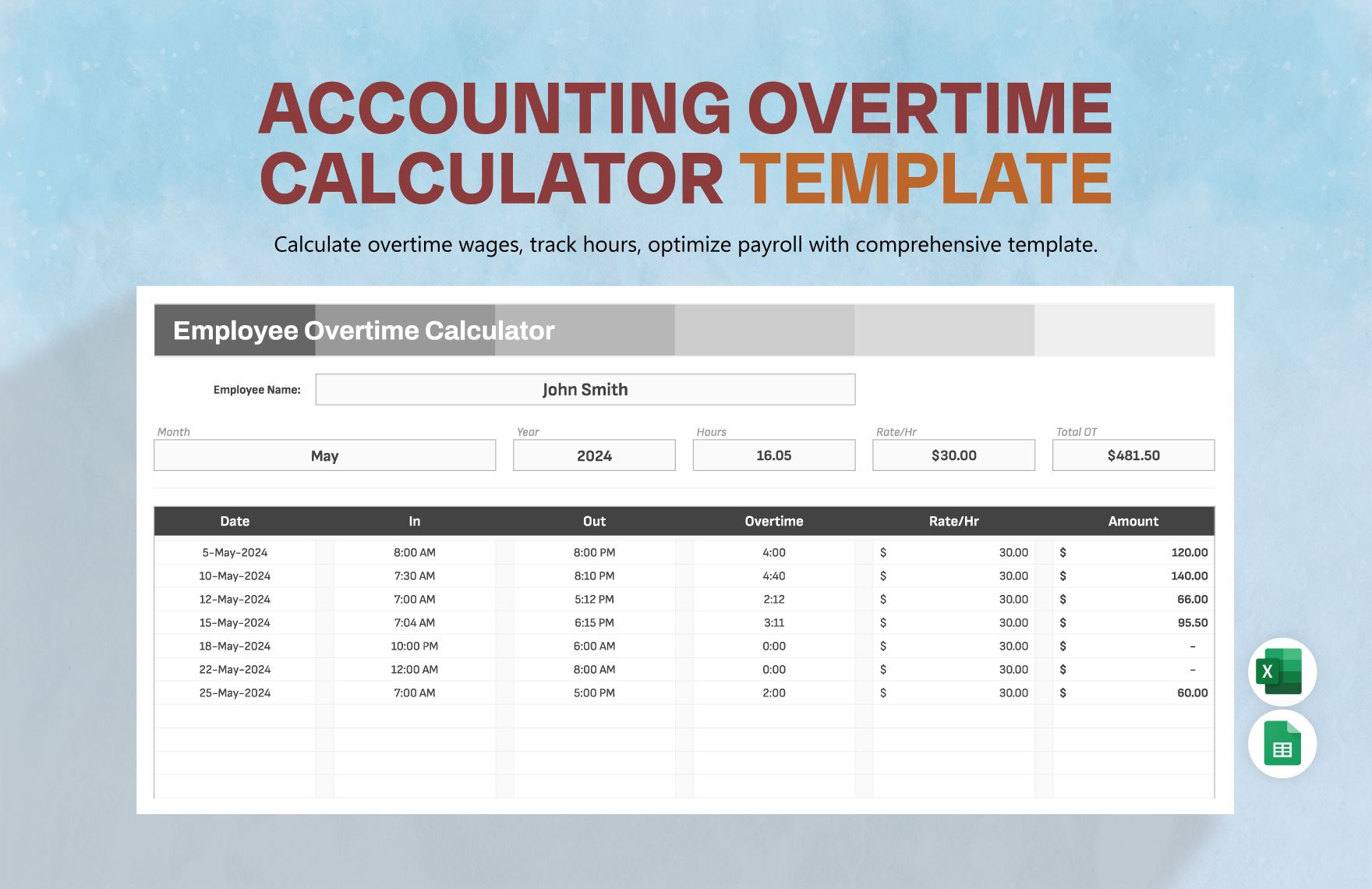Accounting Overtime Calculator Template in Excel, Google Sheets