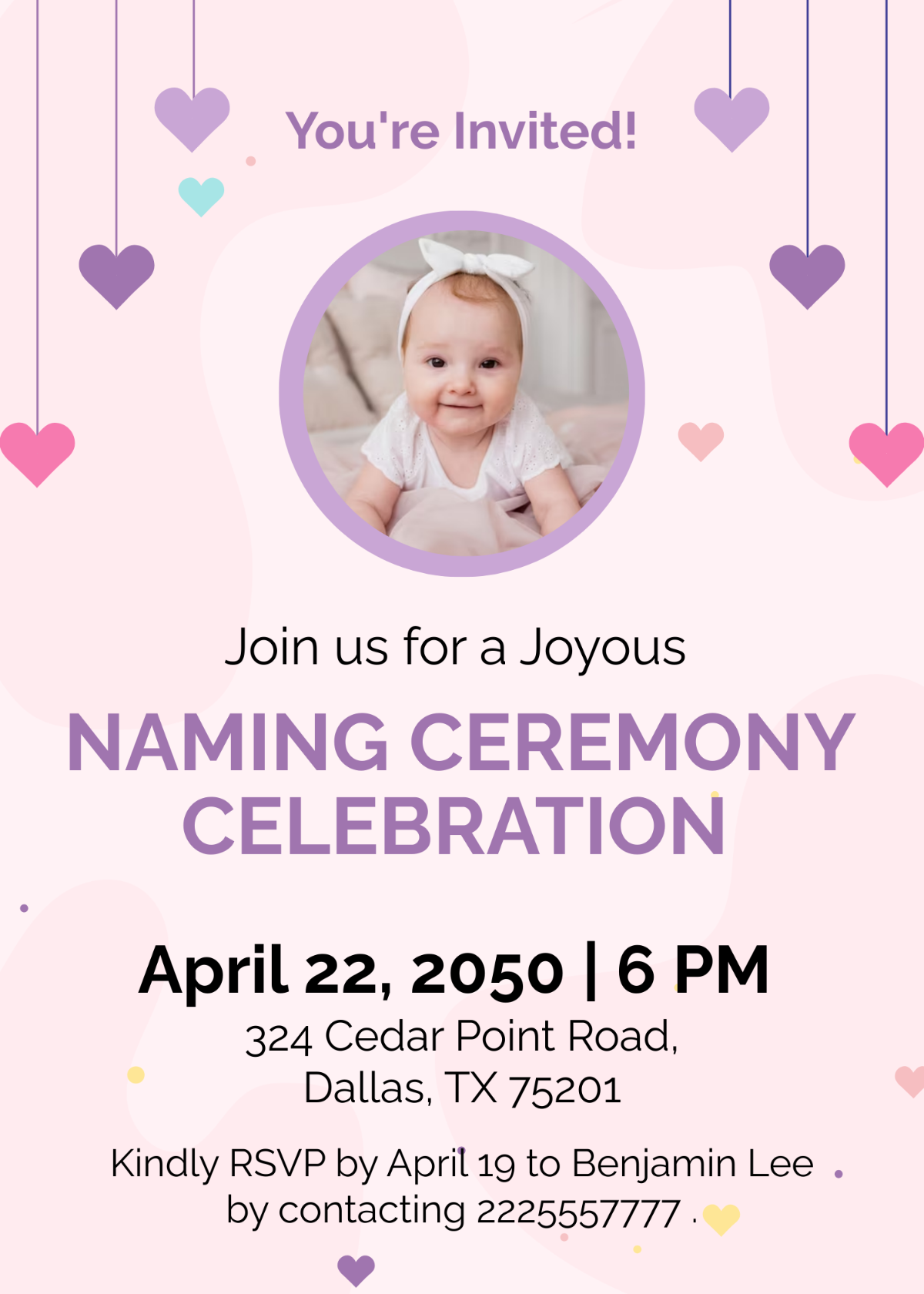 Naming ceremony invitation card for baby girl