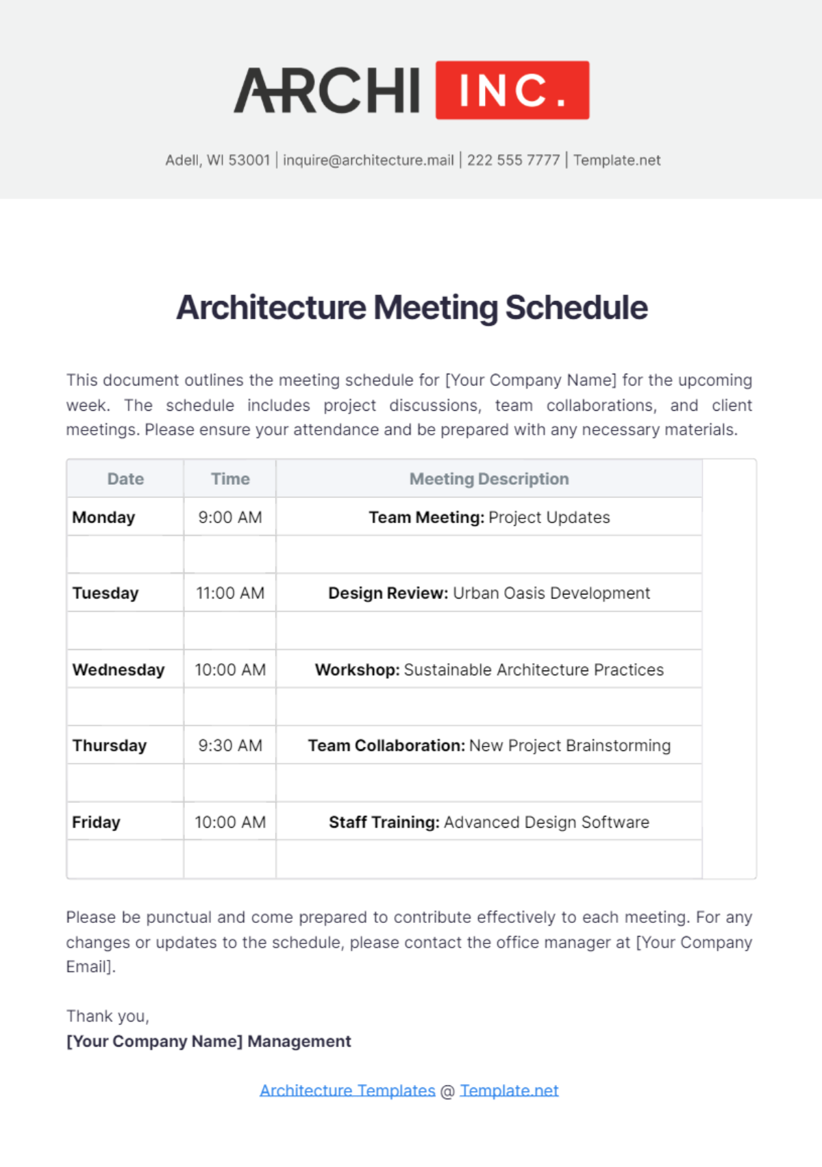 Architecture Meeting Schedule Template - Edit Online & Download