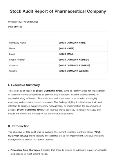 Free Stock Audit Report of Pharmaceutical Company Template to Edit Online
